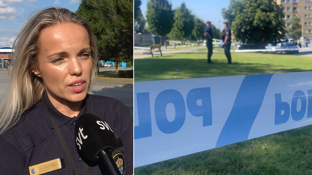 Evelina Olsson med SVT mic till vänster, polisband och poliser på en gräsmatta till höger