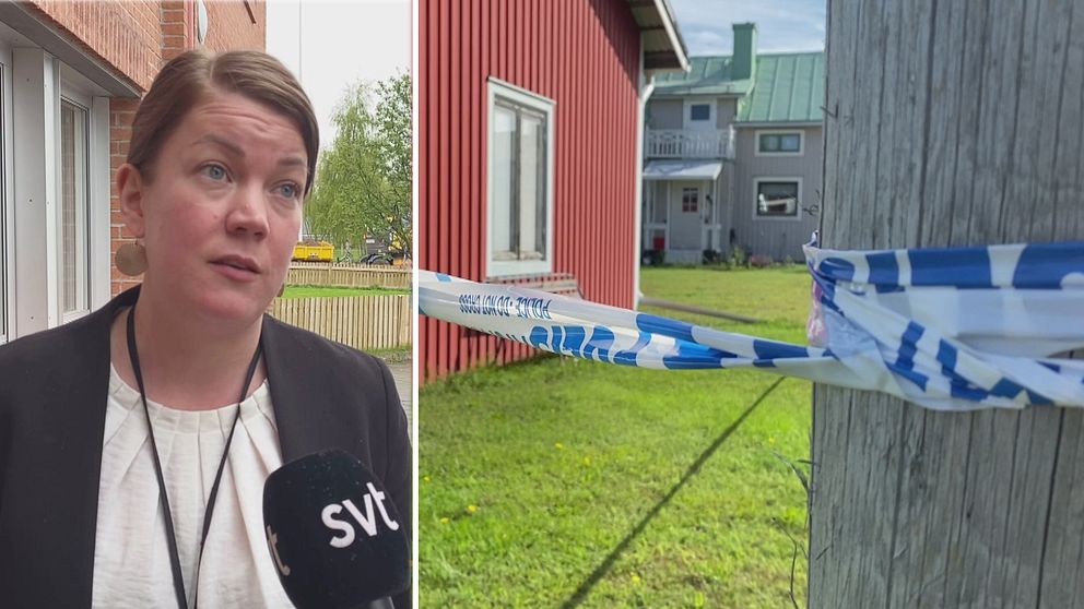 Bild på åklagare  Kristin Andersson och ett hus där man ser polisens avspärrningsband.