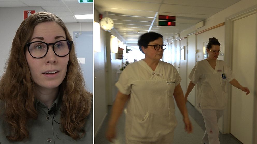 Splitbild med Malin Ernstsson till vänster och två sjuksköterskor på språng till höger