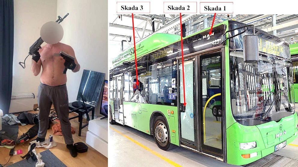 Till vänster, man poserar med vapen. Till höger buss med skottskador.