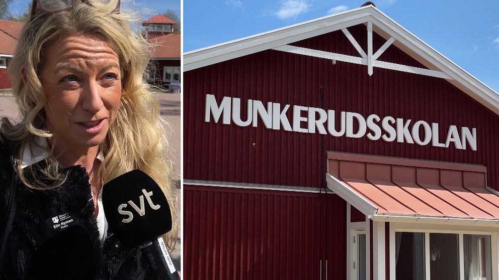 Delad bild. Till vänster: person intervjuas av SVT. Till höger: fasaden på Munkerudsskolan.