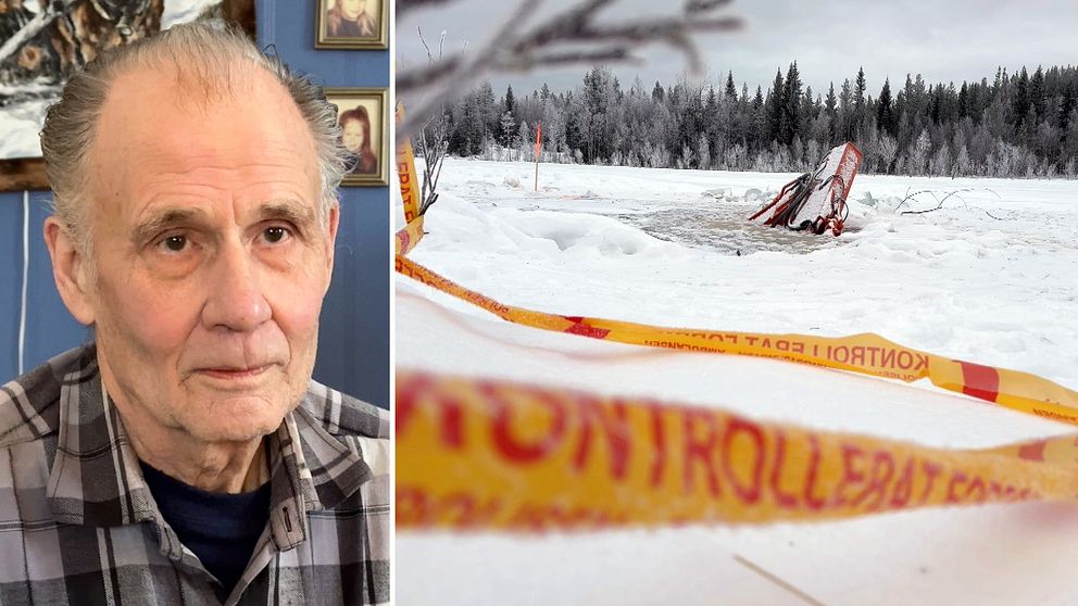 Kenneth Larsson och en bild från myren där grävmaskinen gick genom isen.