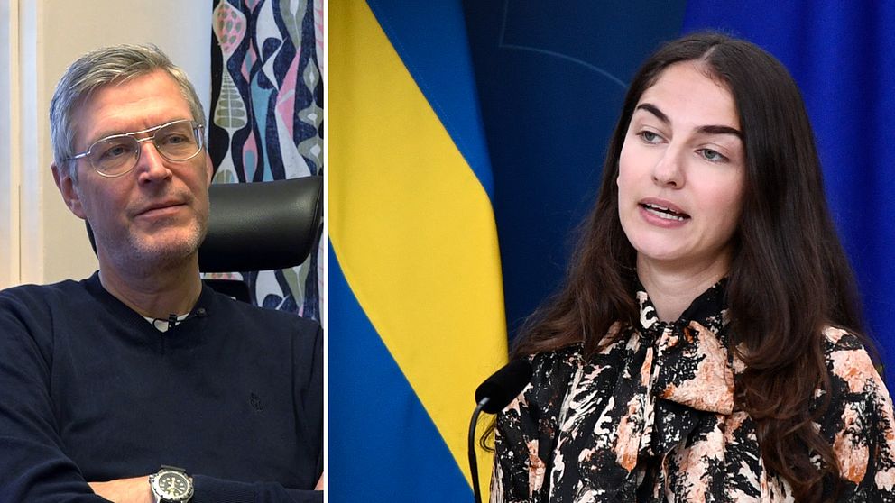 Delad bild. Till vänster Erik Lövgren (S), ordförande i föreningen Sveriges vatten-och vindkraftskommuner. Han är klädd i mörk tröja. Den högra bilden visar  Romina Pourmokhtari (L)  vid en podium med en svensk flagga i bakgrunden, klädd i en mönstrad blus.