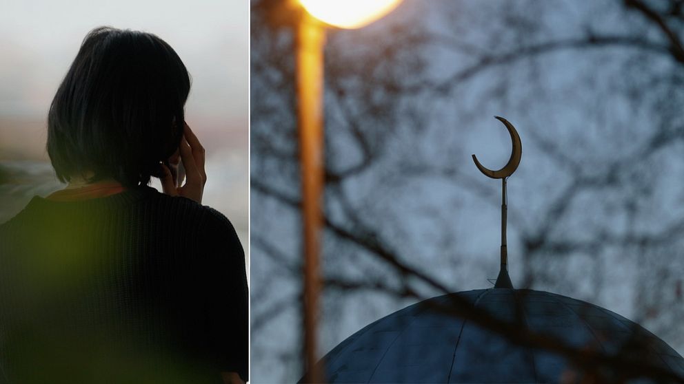 Anonym kvinna ringer med mobil telefon, tak på moské