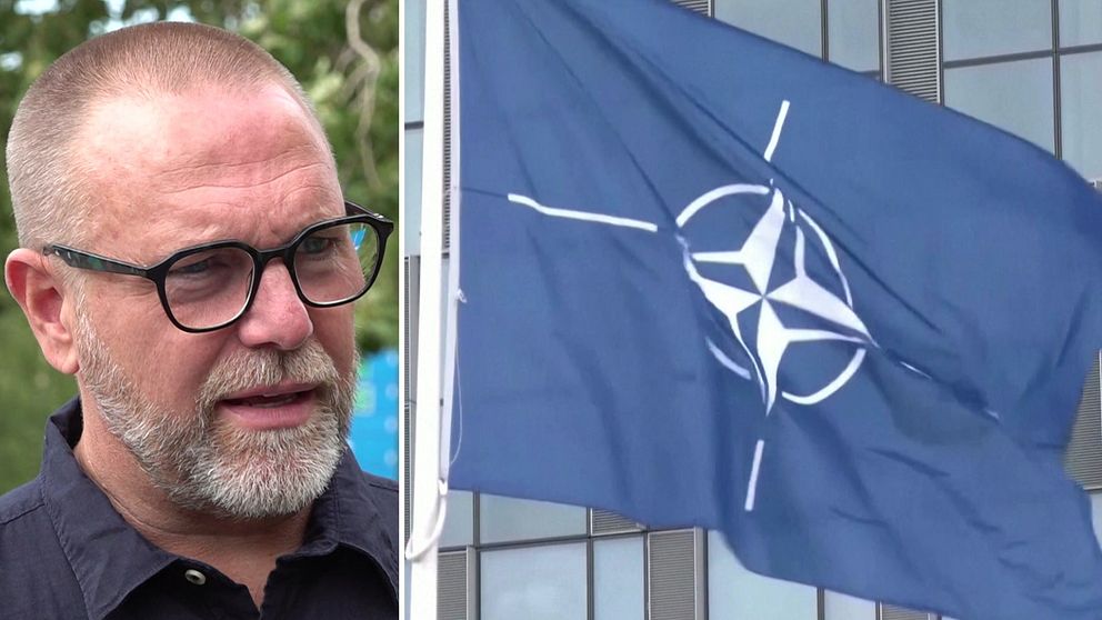Anders Wennerberg, kommundirektör i Östesund, pratar och bredvid honom i en annan bild syns försvarsalliansen Natos flagga på en flaggstång.