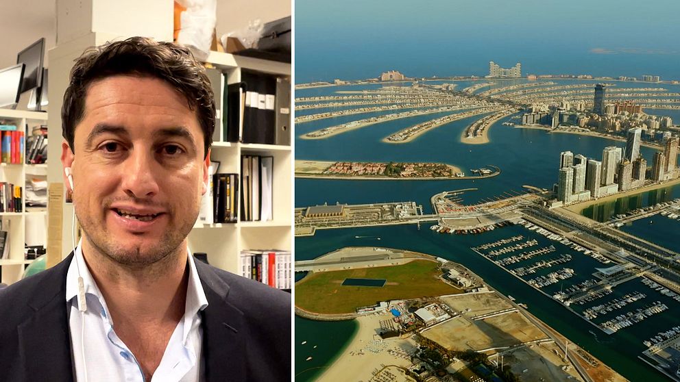 Diamant Salihu bredvid en bild från Dubai