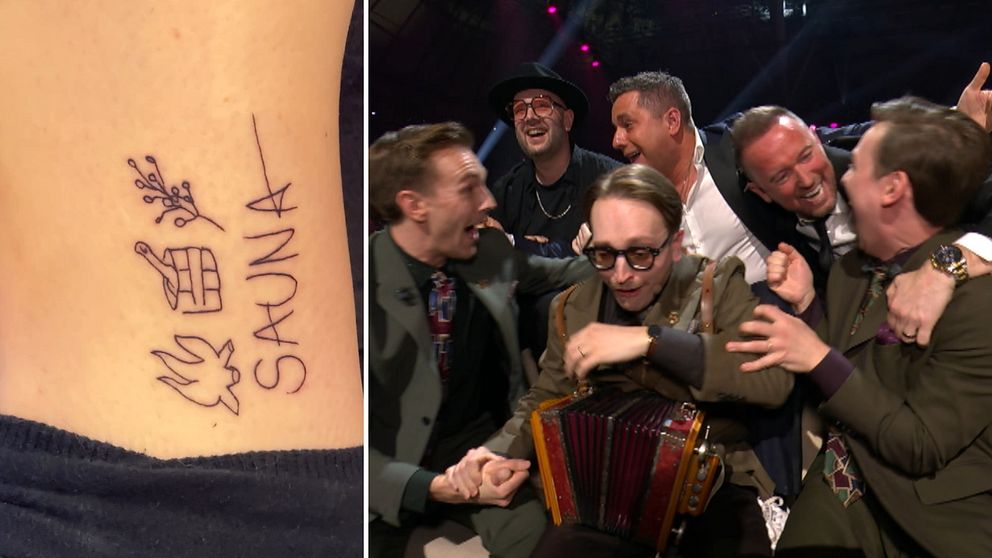 bild på tatuering där det står sauna, samt KAJ