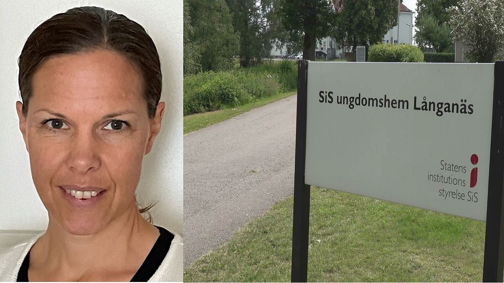 en kvinna med mörkt hår tittar in i kameran och en skylt från ett sis-hem