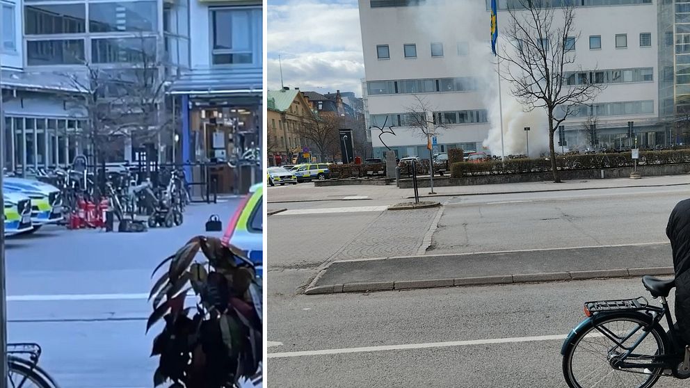 Rök från bil utanför polishuset