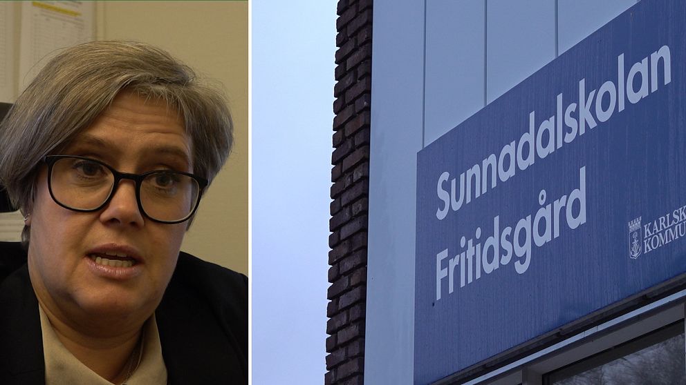 Kvinna bredvid en skylt där det står ”Sunnadalskolan fritidsgård”