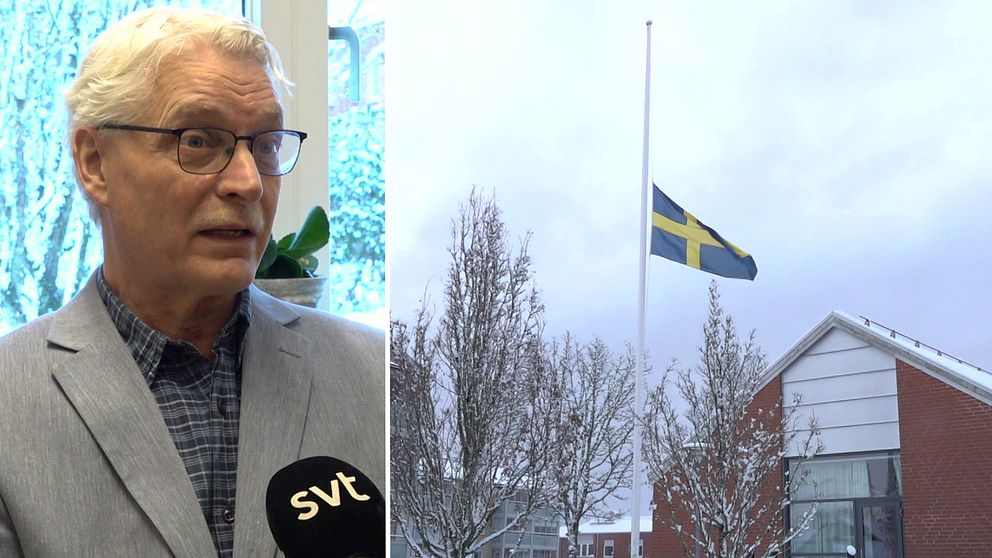 Utbildningscentrums rektor Håkan Persson intervjuas av SVT, till höger syns en flagga på halv stång vaja utanför skolan.