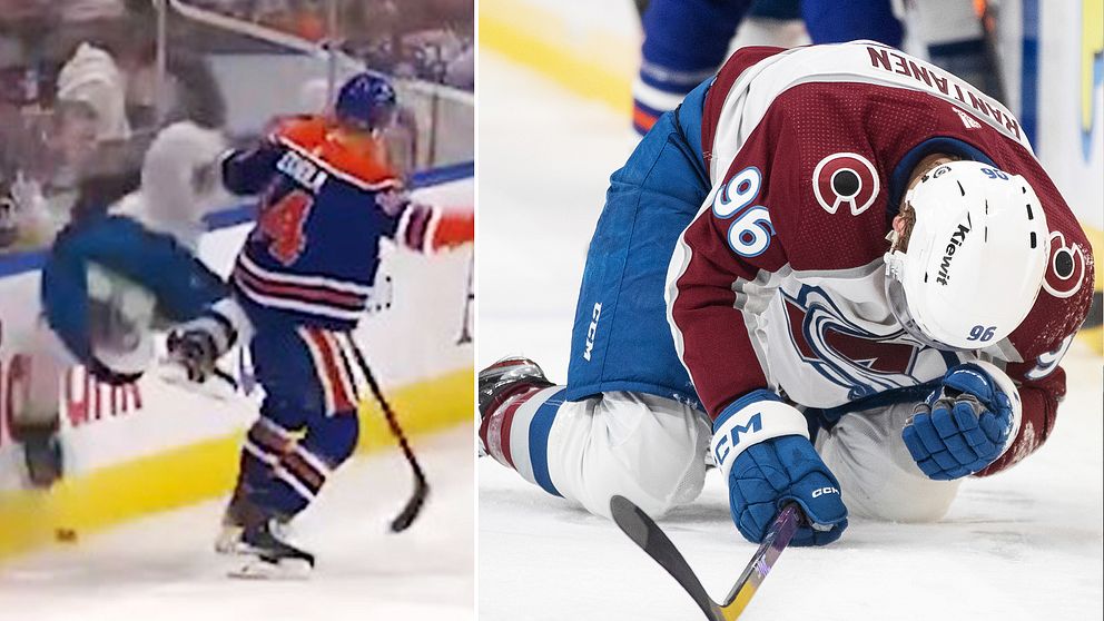 Colorados Mikko Rantanen fick lämna isen skadad efter tackling från Edmontons Mattias Ekholm.