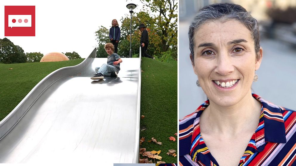 Lekande barn ner för rutshckanan och Michelle Bergin som forskat kring beteende på skolgårdar.