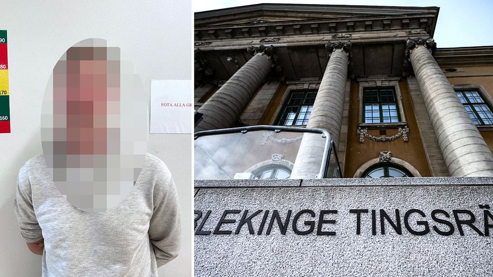 En delad bild som visar två sektioner. På vänster sida syns en person med otydlig ansiktsbild, klädd i en grå tröja, stående framför en vägg med information och ett papper. På höger sida visas en närbild av en byggnad med stora kolonner och en skylt som visar ”Örkellinge Tingsrätt”.