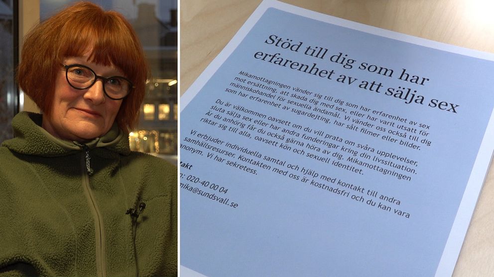 Till vänster i bild syns socialsekreteraren Maria Aldén, hon sitter inomhus på ett kontor i Sundsvalls kommun. Till höger syns en plansch där det står ”stöd till dig som har erfarenhet av att sälja sex”.