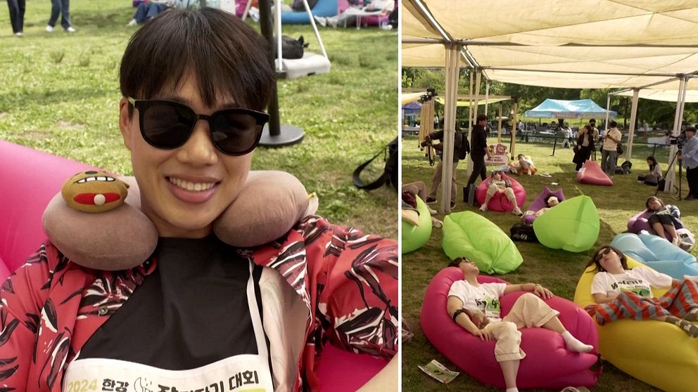 Personer som sover på luftmadrasser i en park. Man med solglasögon, sittandes på en luftmadrass.