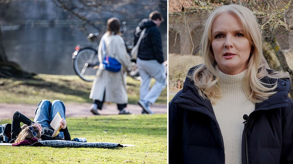 Tvådelad bild. Till vänster: personer promenerar i en park. Till höger: en kvinna i vinterkläder.