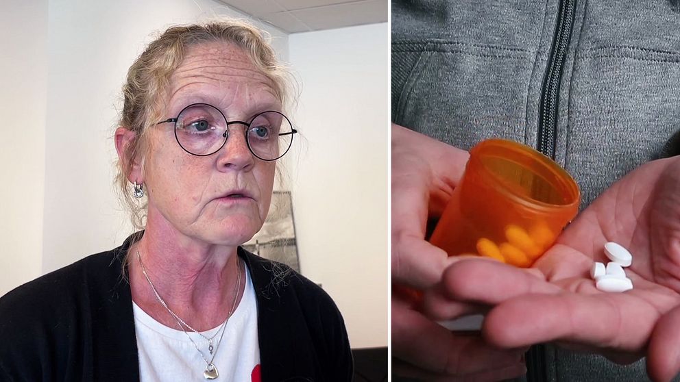 Till vänster en bild på Kerstin Belander, till höger en bild på en hand som håller i en tablettburk och har tabletter i andra handen.