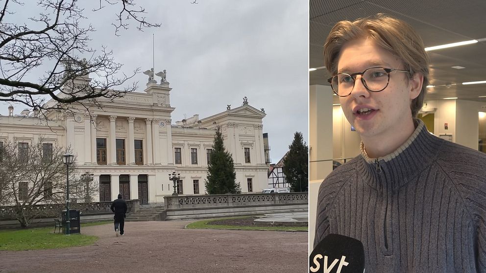 Tvådelad bild. Vänster: Lunds Universitets byggnad. Höger: Person som intervjuas. Mikrofon med SVT-logga.