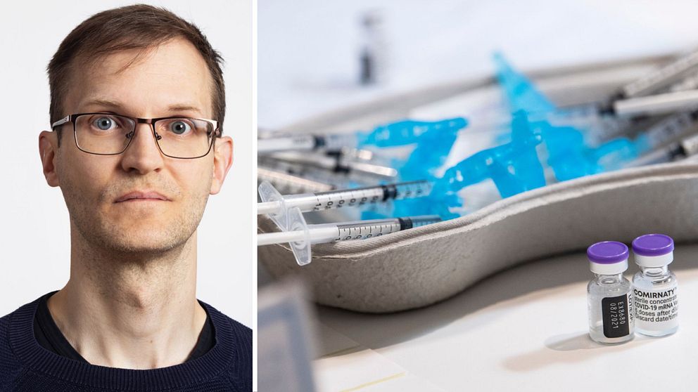 Porträtt på Fredrik Rücker och en bild av vaccinationssprutor