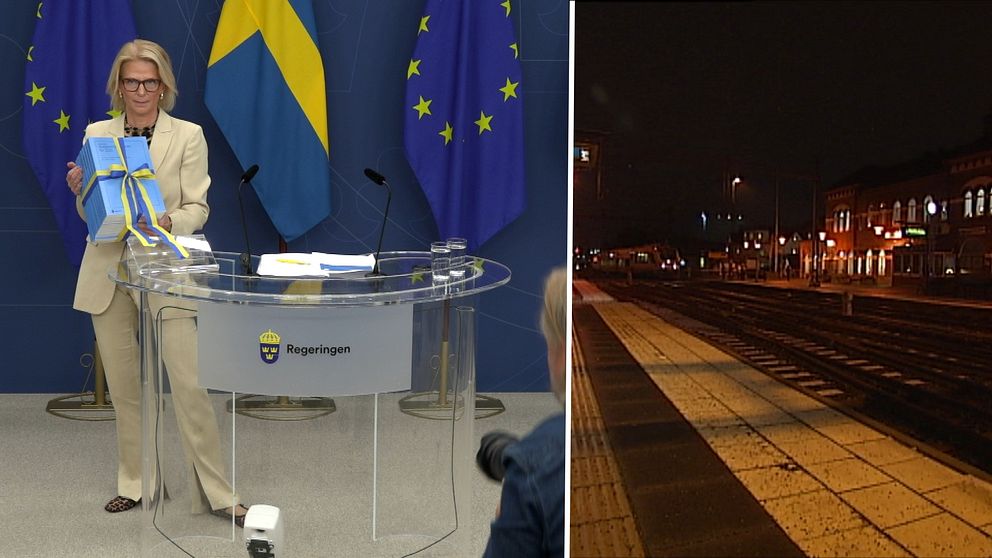 En delad bild som visar två scener. Till vänster står en person vid en presskonferens med en present insvept i blått papper och ett band. I bakgrunden syns svenska och europeiska flaggor. Till höger är en nattbild av en tågstation med upplysta byggnader och spår, vilket skapar en lugn atmosfär.