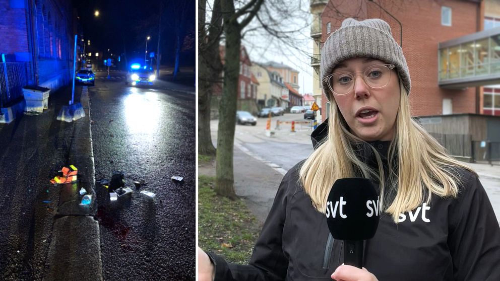 En delad bild som visar två scener relaterade till en incident. Den vänstra delen visar en mörk gata med blåljus från en polisbil och föremål som ligger på vägbanan, vilket indikerar en pågående utredning. Den högra delen visar en reporter som står med en mikrofon, omgiven av byggnader och ett urban miljö, vilket antyder att hon rapporterar om händelsen.