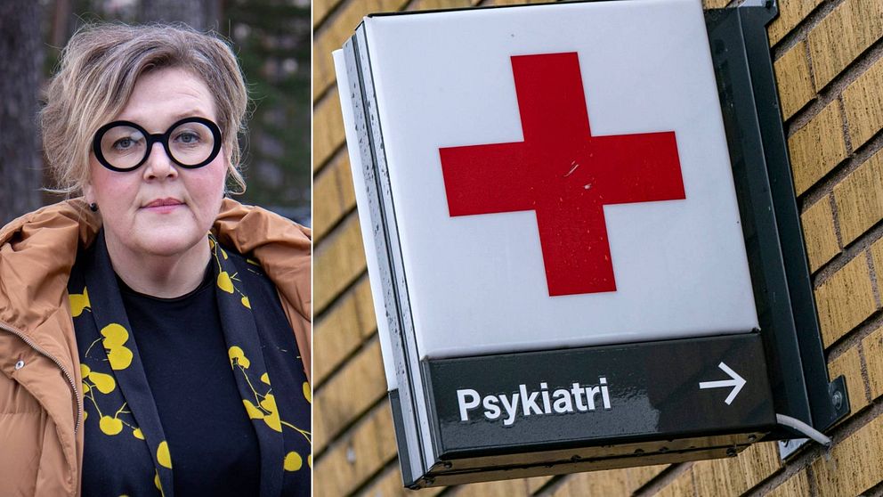 Porträtt av Anna Sundqvist. Hon har markerade glasögon och mönstrade kläder. Arkibild på en sjukhusskylt med et rött kors och texten ”Psykiatri”