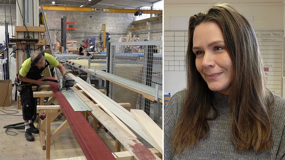 Delad bild. Till vänster: person arbetar i snickeriverkstad. Till höger: person med långt hår.