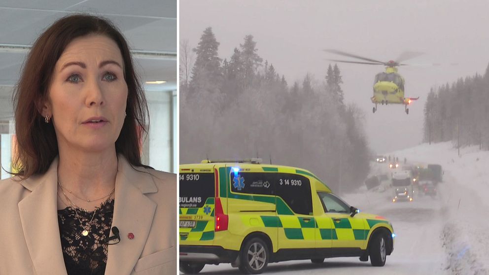 Katarina Nyberg Finn (S), kvinna med mörkt lång hår och beige kavaj. Till höger en bild med ambulans och ambulanshelikopter på en olycka.