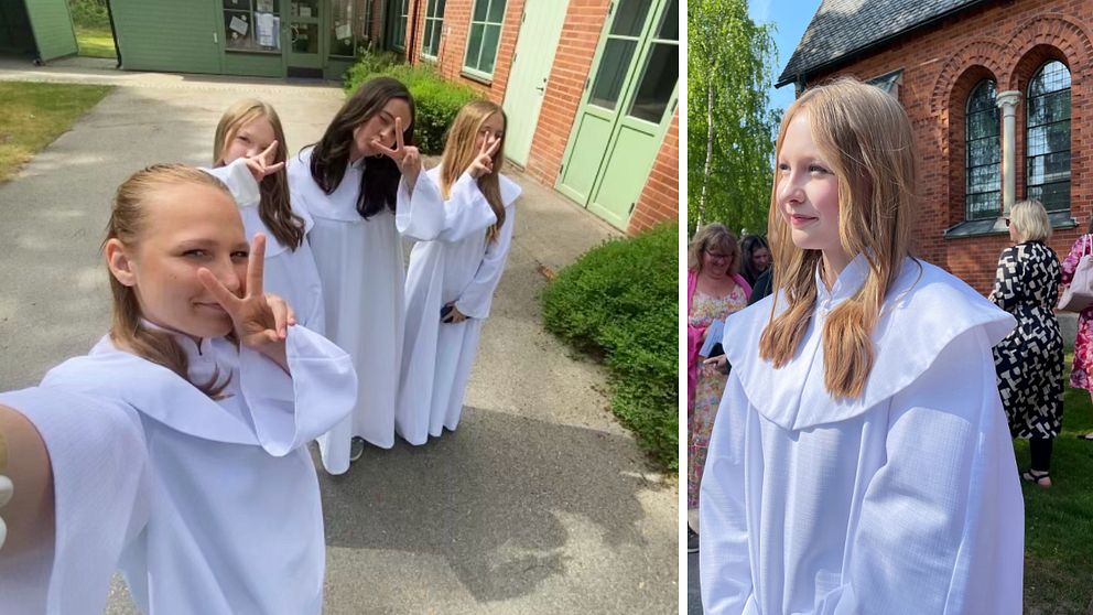 En delad bild som visar en grupp ungdomar klädda i vita kläder, typiska för ceremonier. Den vänstra sektionen visar ungdomar som tar en selfie utomhus, med en byggnad i bakgrunden. Den högra sektionen visar en närbild av en av ungdomarna med längre hår, också i vita kläder, medan andra personer rör sig i bakgrunden.