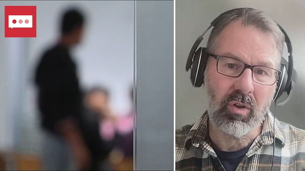 En delad bild med två sektioner. Till vänster syns en suddig bakgrund med personer i en social situation. Till höger Martin Bergström som sitter framför en dator med hörlurar, fokuserad på skärmen. Bakgrunden är neutral och en aning suddig.