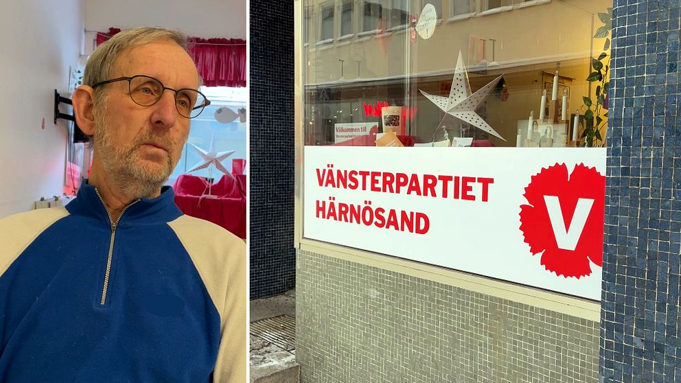 Vänsterpartiets gruppledare Åke Hamrin och en bild på fasaden till Vänsterpartiets lokal i Härnösand.