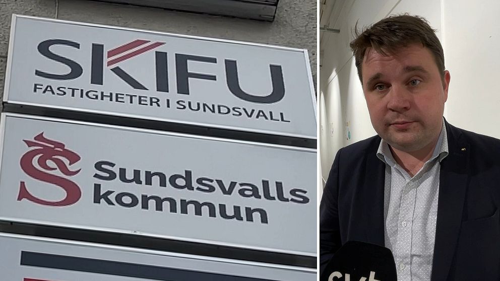 Till vänster: Skult med Sundsvalls kommun:s och Skifus logga på. Till höger: Niklas Säwén, ordförande i kommunstyrelsen Sundsvall