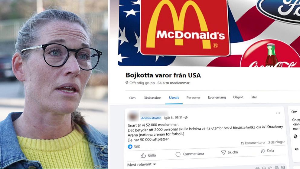 Tvådelad bild. Vänster: en person. Höger: kampanj för att bojkotta amerikanska varor.