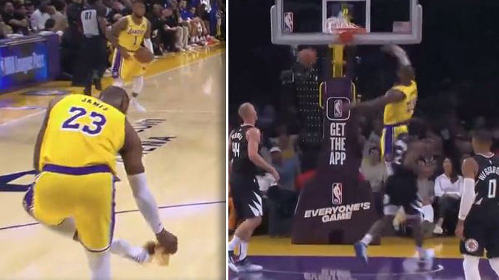 Basketstjärnan LeBron James tappar skon, men bjuder sekunder senare på en spektakulär dunk.