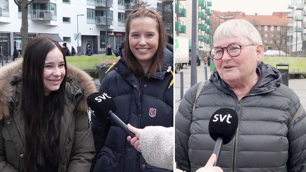 Delad bild. Till vänster: två personer intervjuas. Till höger: en person intervjuas utomhus.