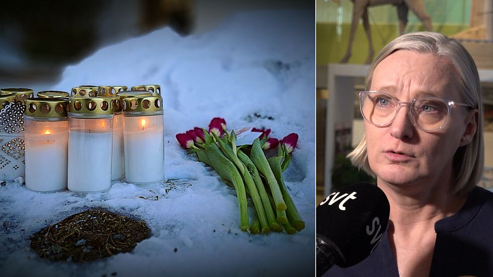 tända gravljus och blommor, en allvarlig kvinna i glasögon