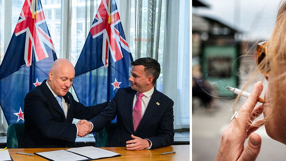 Nya Zeelands nästa premiärminister Christopher Luxon t.v. och ACT:s  ledare David Seymour skakar hand.