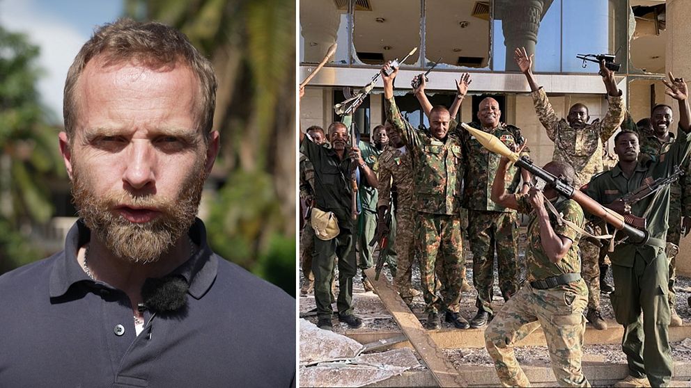Vänster: SVT:s Afrikakorrespondent Johan Ripås. Höger: Sudans militär i presidentpalatset.