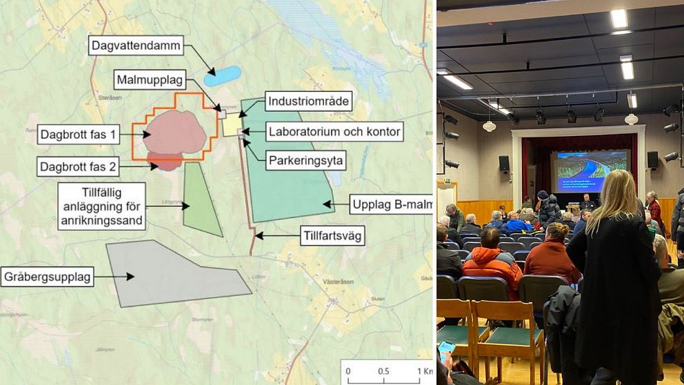 Karta över planerat gruvområde Oviken samt bild från samrådsmöte