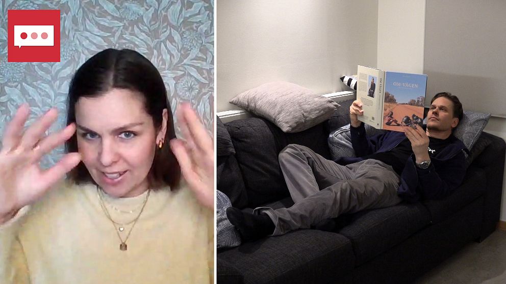 I bild till vänster: återhämtningsforskaren Lina Ejlartsson som gestikulerar. I bild till höge: en man som ligger på en soffa och läser en bok.
