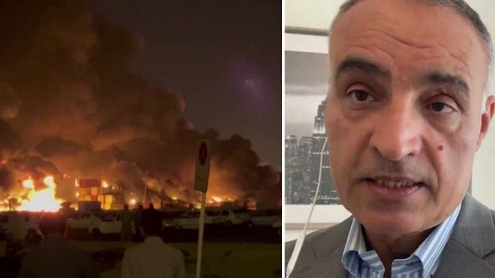 Delad bild. Till vänster: stor brand med kraftig rök. Till höger: person i kostym.