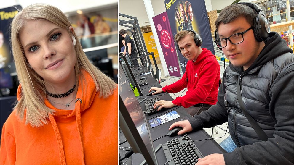 Dubbelbild. Vänster: Person i orange hoodie. Höger: Två personer vid datorer.