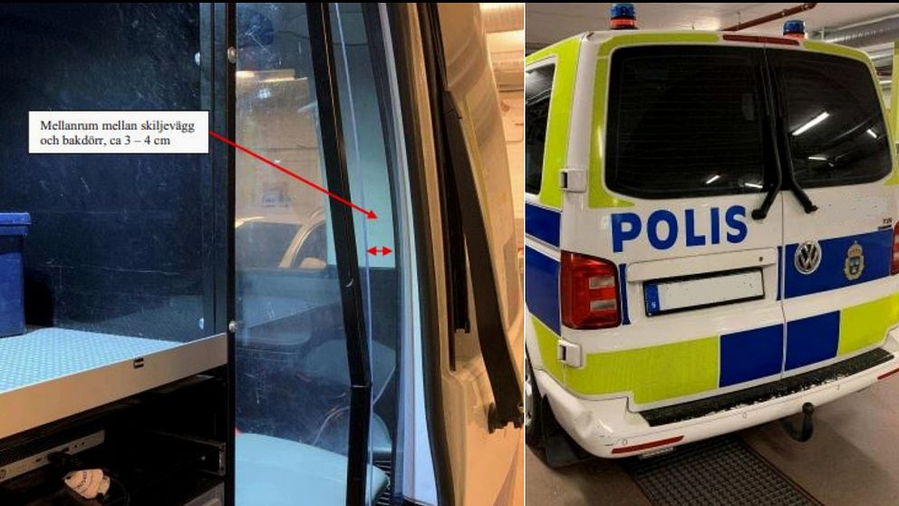 En bild på den 3 centimeter breda glipen baki i polisens piketbuss.