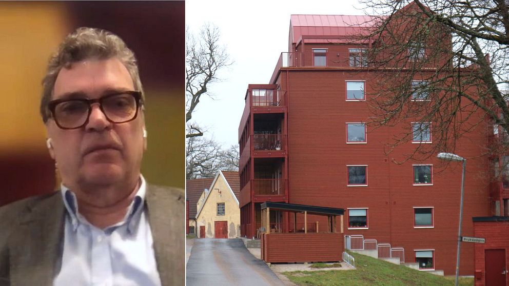 Man med glasögon vänster hus till höger