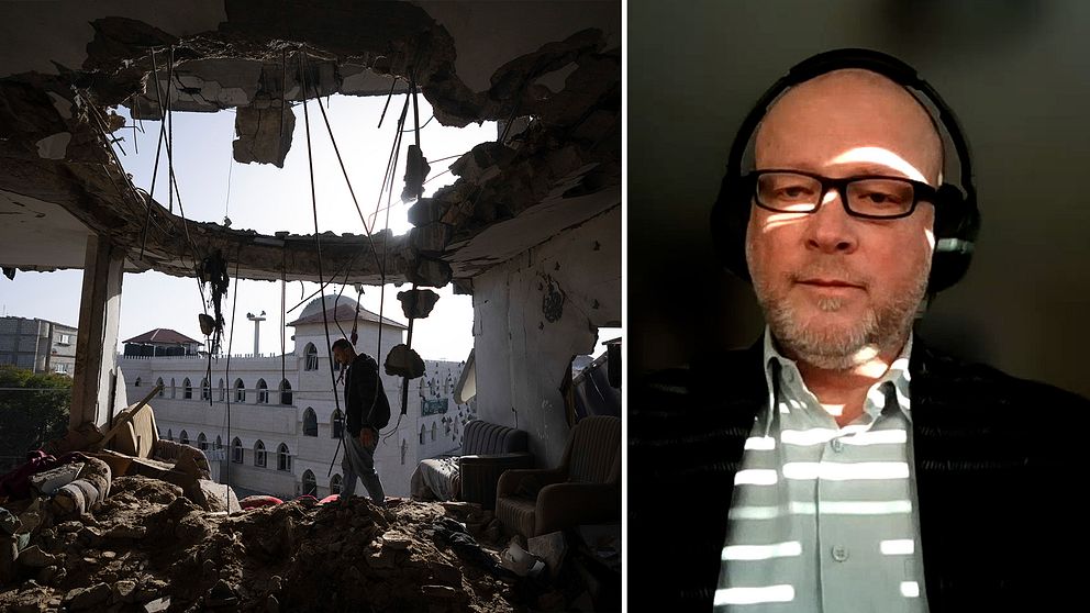 Ruiner i Gaza och man i halvbild