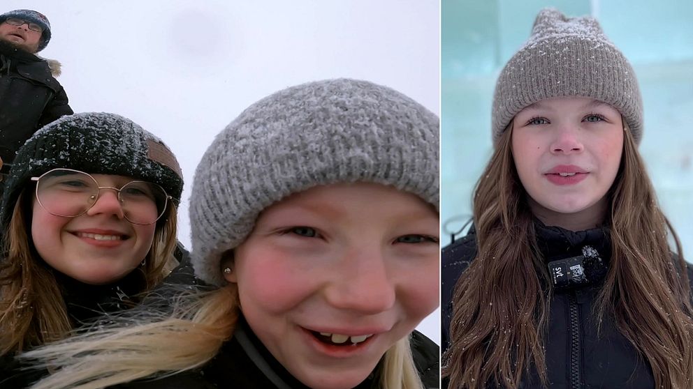 Tvåbild: Selfie på två tjejer som åker hundspann – och porträttbild på flicka som blir intervjuad.