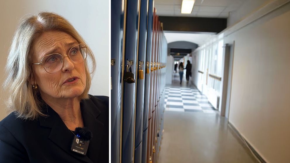 Delad bild: Till vänster syns en äldre person iklädd mörk kavaj med ett namnbricka på bröstet. Till höger visas en skolhall med rad av blå skåp och personer som går längs korridoren i bakgrunden.