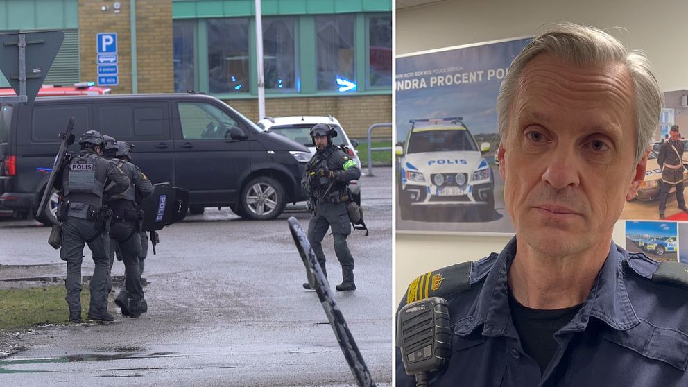 Delad bild: Till vänster syns ett tungt beväpnat insatsteam i full skyddsutrustning vid en parkeringsplats nära en byggnad. Till höger, en polisuniform med kommunikationsutrustning sedd framifrån, framför en affisch med svenska polisfordon.