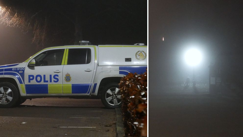 Tvådelad bild. Vänster: polisbil parkerad. Höger: starkt ljus i tät dimma.